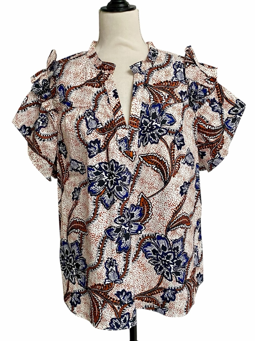 Chico’s Floral Ruffle Sleeve Split Neck Blouse Size 2.5 14 Cotton Stretch